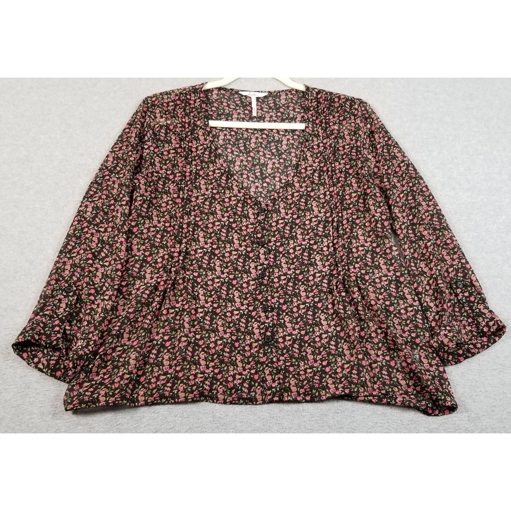 Kirra Button Up Blouse Women S Small Black Pink Floral Sheer V-Neck Pleated Top